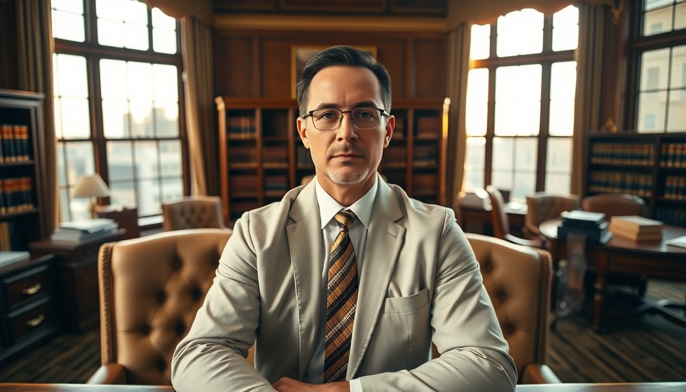 Engaging portrait of a Houston Injury Attorney in a law office, exuding professionalism and approachability.