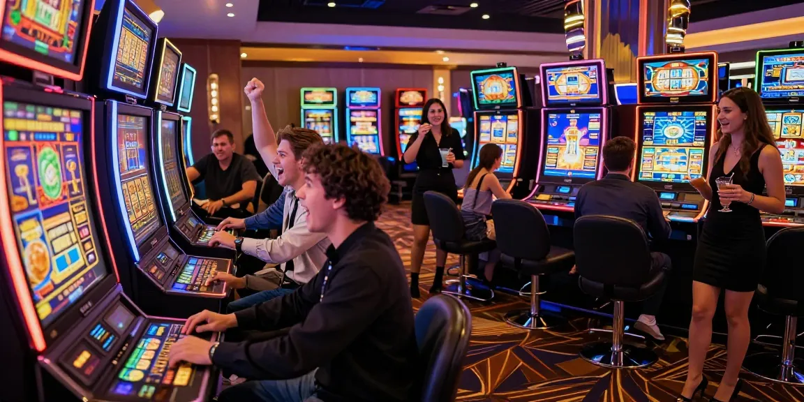 Excited players enjoying pragmatic slot machines at a vibrant casino floor.