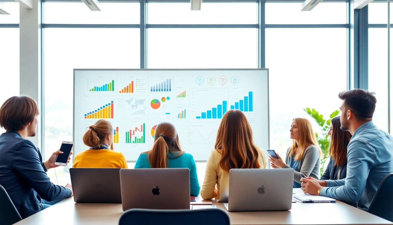 Engaging team discussing social media marketing strategies in a modern office.