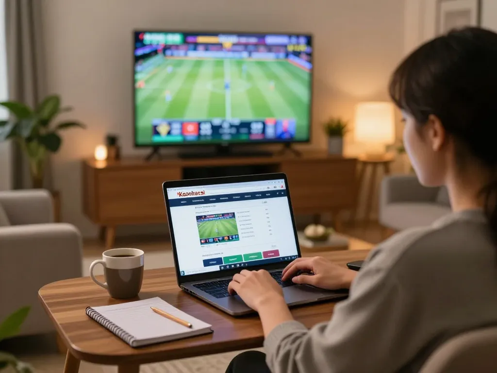 Person analyzing sports bets on Keonhacai site in a cozy home environment.