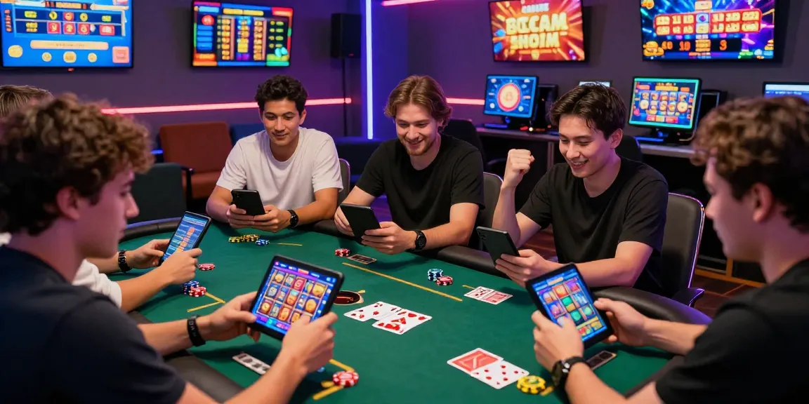 Dynamic scene of players enjoying slot gacor on mobile devices at an online casino.