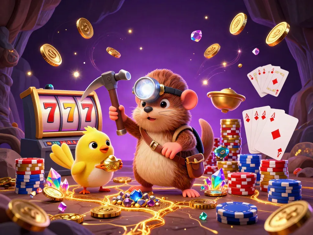 Pemain slot gacor beruntung menemukan emas dan permata dalam ilustrasi 3D kartun yang menampilkan mole dan canary.