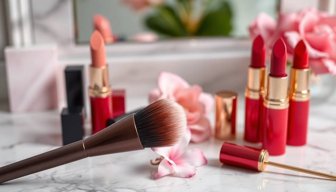Blend effortlessly with a premium lip blending brush beside vibrant lipstick shades on a marble vanity.