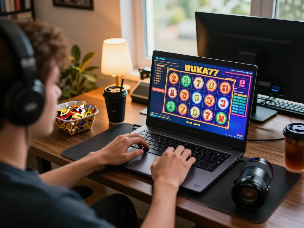 Engaging gameplay at BUKA77 online slots with colorful reels spinning on laptop screen