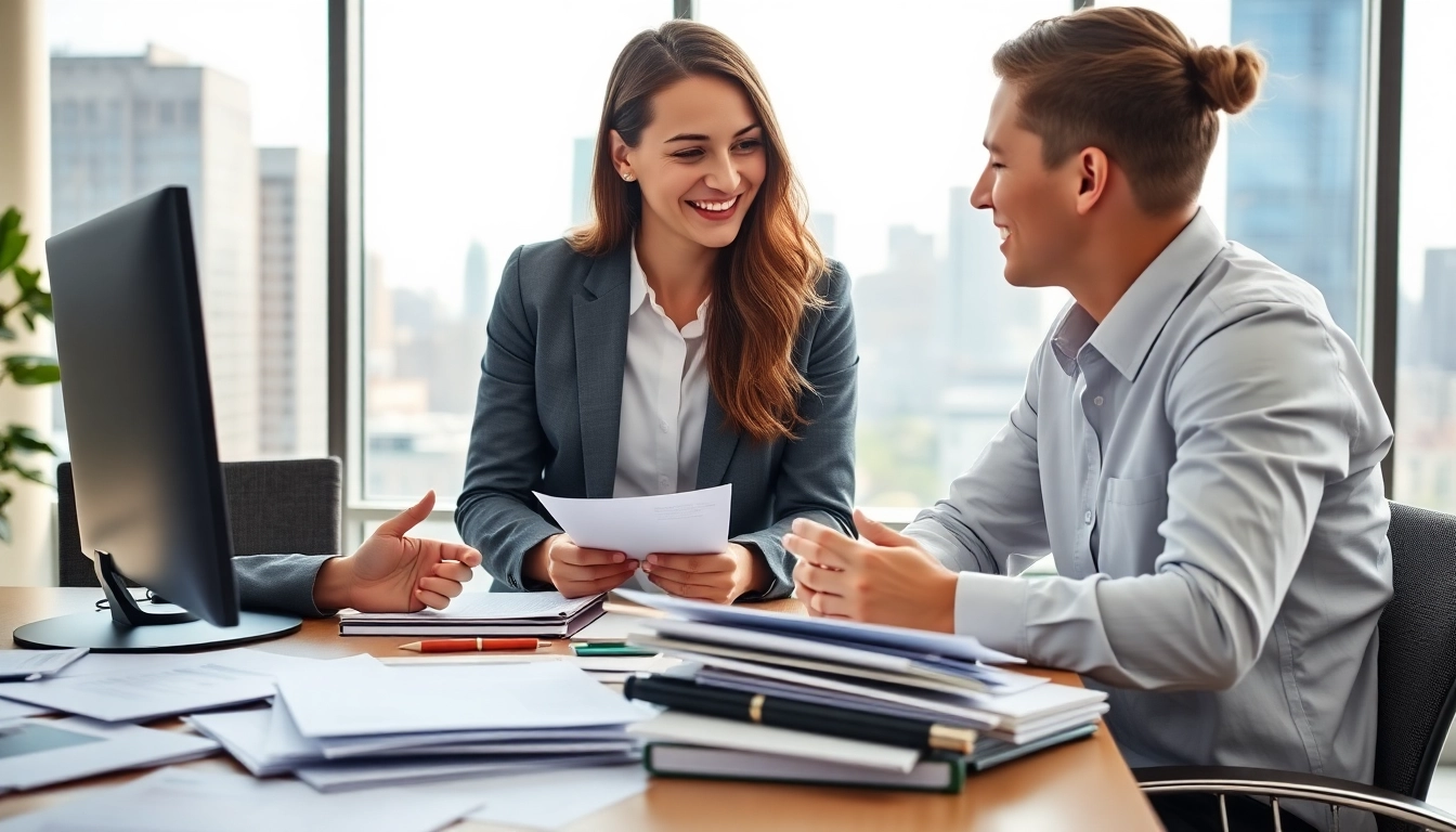 Career consultant advising a young professional in a bright office setting.
