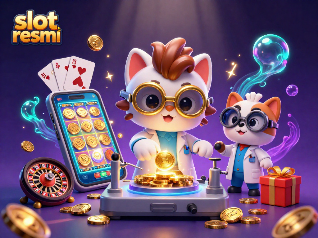 Engage with slot resmi, featuring a vibrant 3D illustration of a cat and dog duo creating a gold-coin machine amid a dynamic casino scene.
