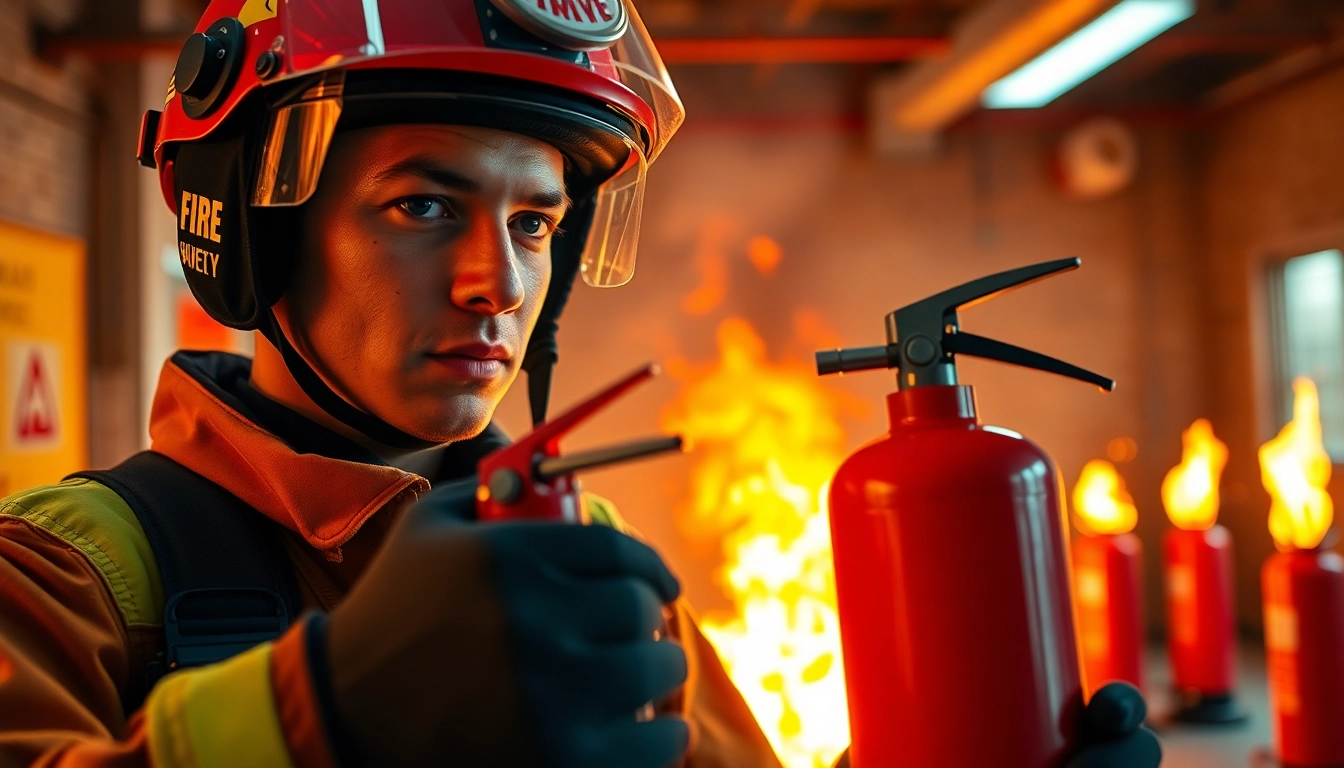 Demonstration of the pass fire extinguisher technique with visual focus on equipment and safety.