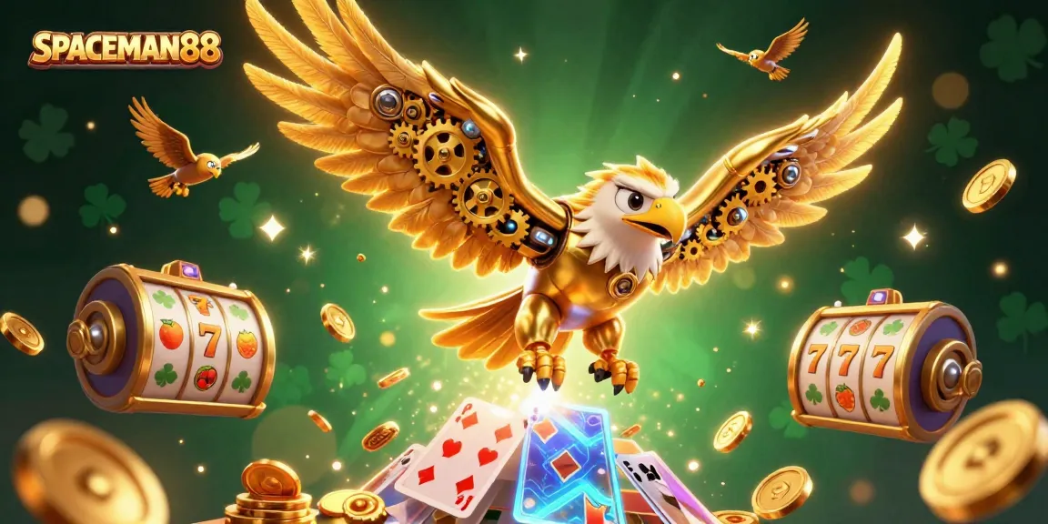 Experience SPACEMAN88's thrilling gameplay as a golden eagle dives through holographic slot reels.