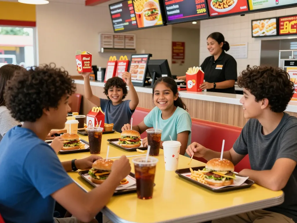 Friends enjoying fast food prices at a lively restaurant during lunch.