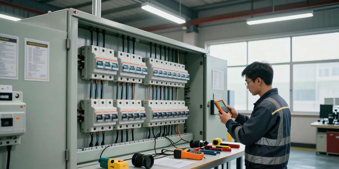 DC circuit breaker panel with technician inspecting safety connections in industrial setting