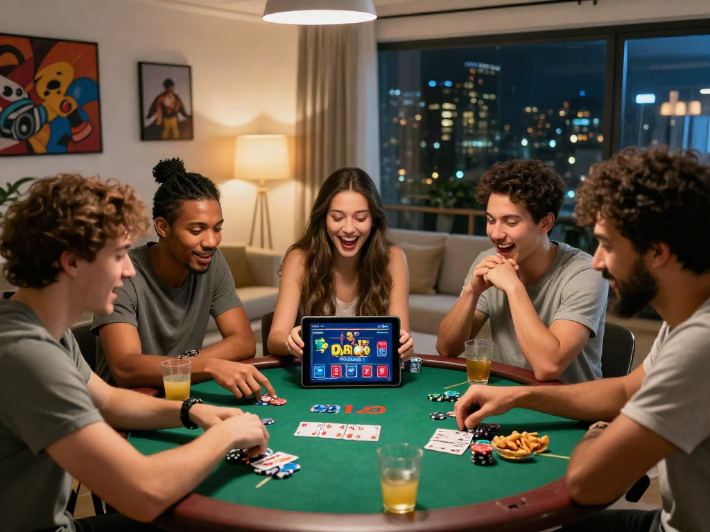 Friends enjoying judi casino online with poker on a tablet in a cozy living room setting.