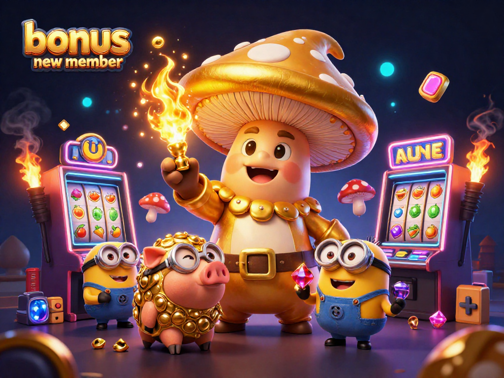 Experience winning with our bonus new member, featuring a wizard and treasure-hunting pig in a vibrant casino scene.