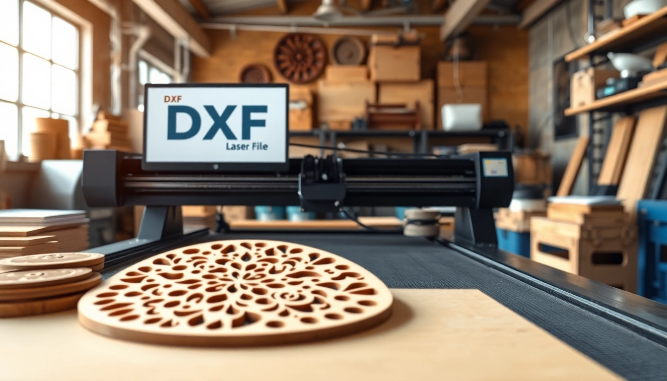 Laser cutting DXF file illustration showing precision work in a workshop setting.
