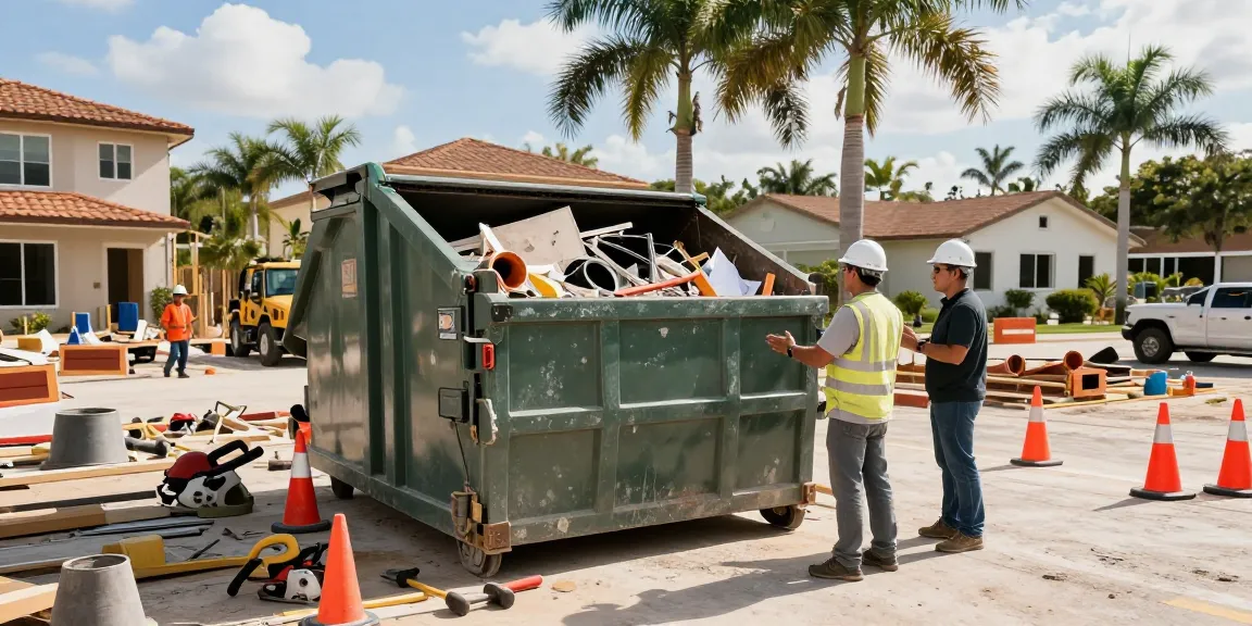Dumpster Rental In West Palm Beach FL at a construction site with contractors discussing project plans and a full roll-off dumpster.