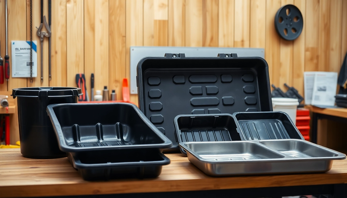 Oil Drain Pan selection displayed in a workshop emphasizing cleanliness and usability.