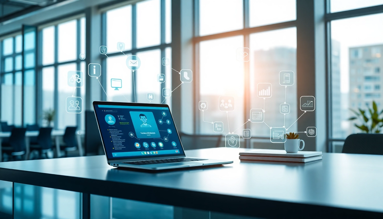 Enterprise AI assistant interface in a modern office, showcasing efficient automation and communication.