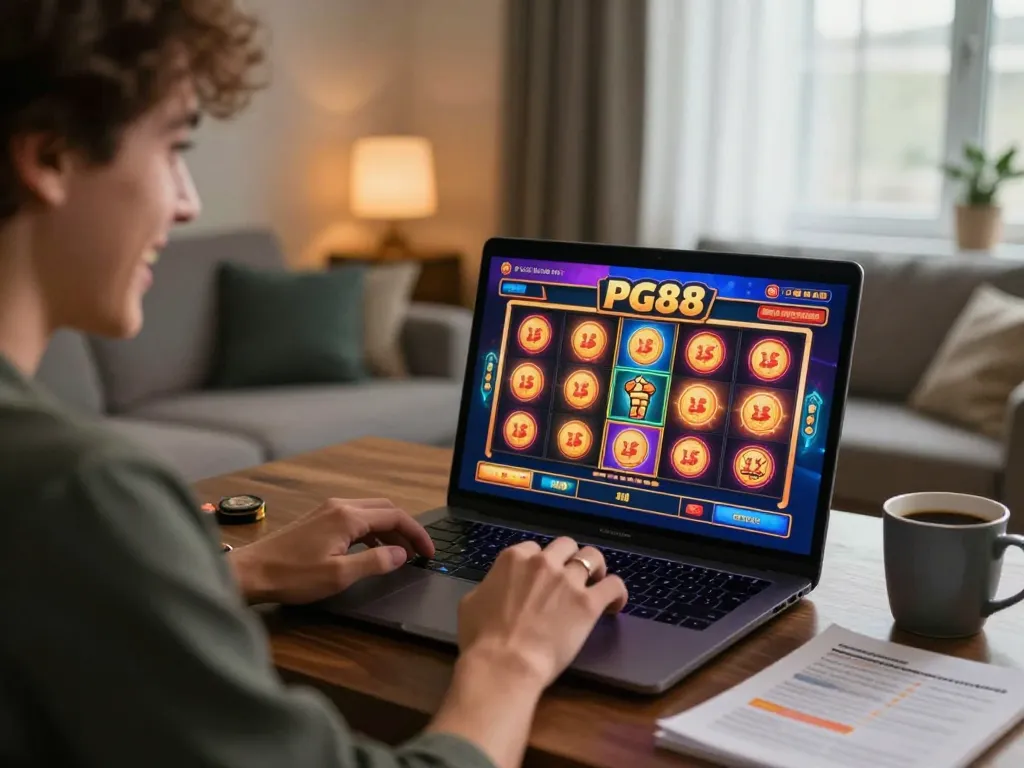 Player engaging with PG88 slots on laptop, showcasing modern online gambling experience at home