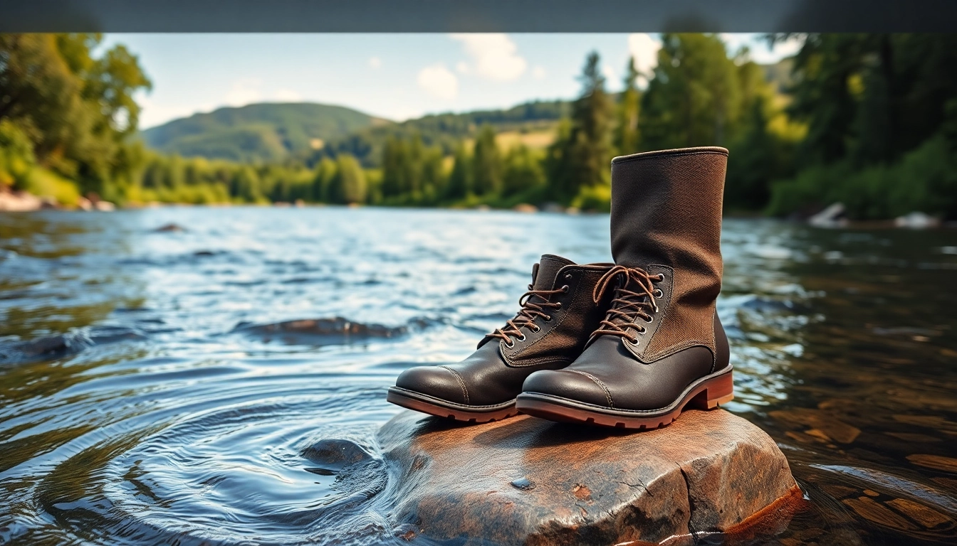 Showcasing durable fly fishing boots positioned on a rock by a tranquil river.