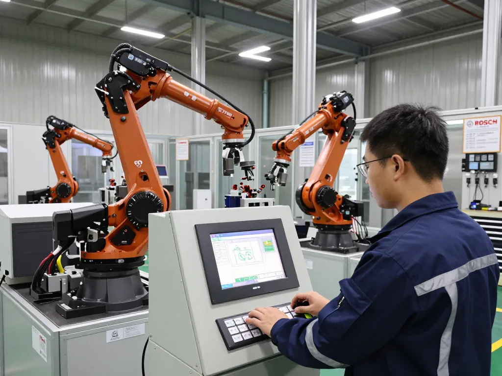 Bosch rexroth technician programming machinery in a modern factory setting