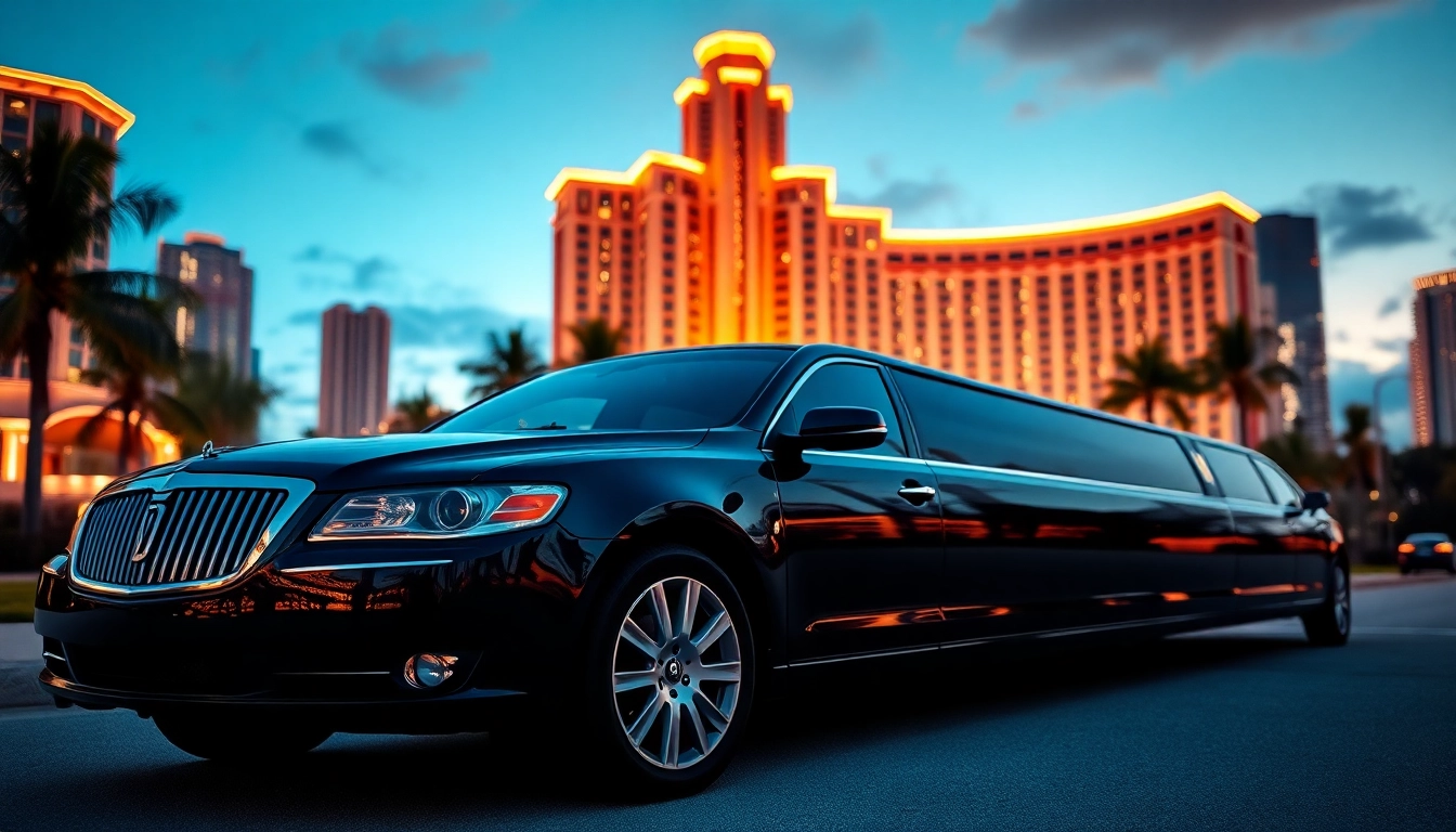 Limo service in Miami with an elegant black limousine parked in front of a luxury hotel.