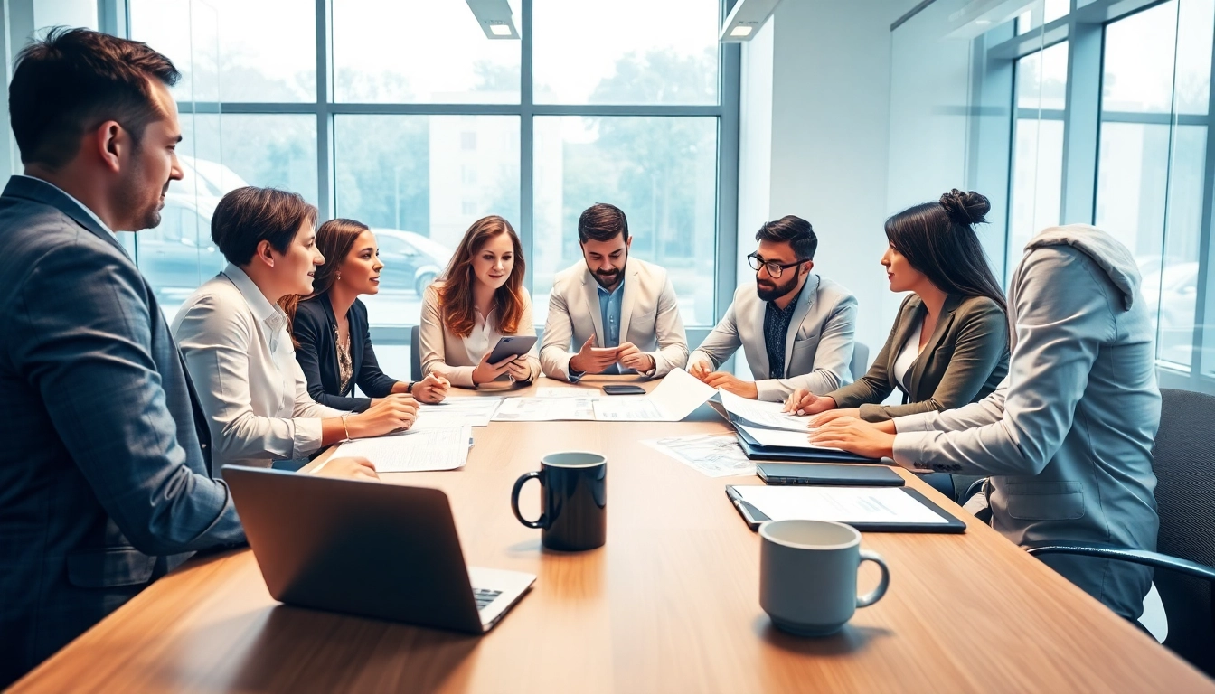 Consultants discussing contracts and grants in a modern office setting, emphasizing collaboration.