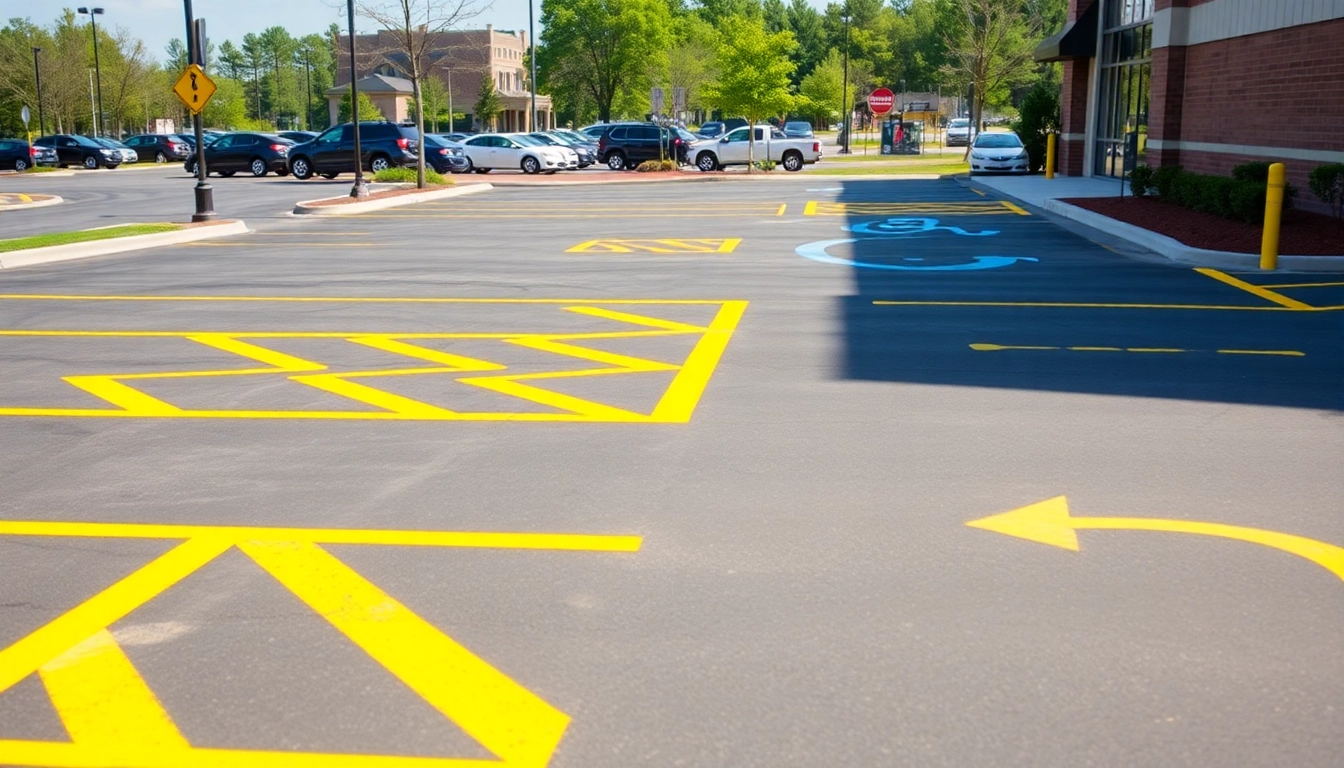 Showcasing ADA parking lot striping Jackson MS with clear markings and accessible pathways in a busy setting.