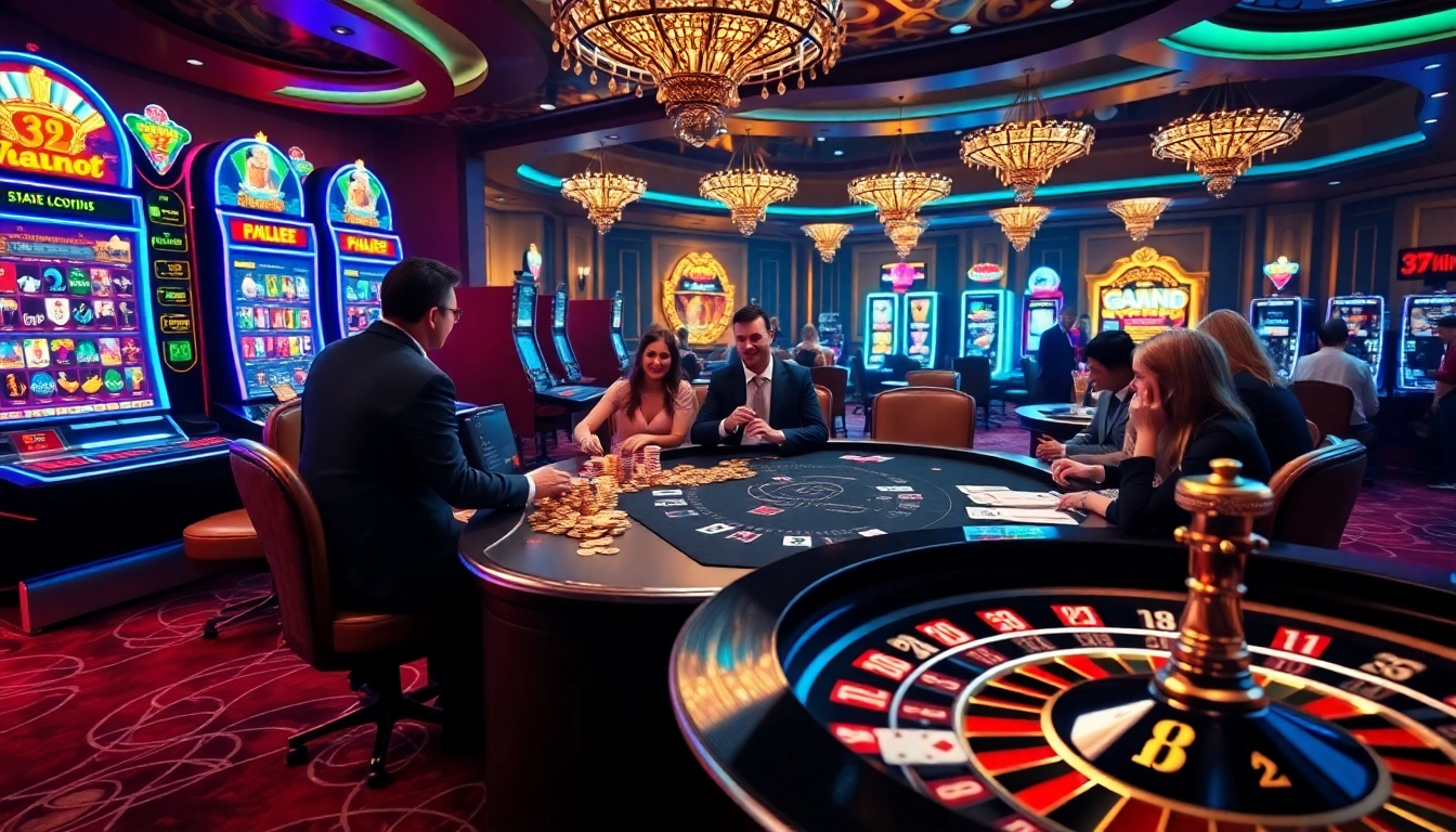 Excited players engaging at a poker table at 32WIN casino with vibrant slot machines in the background.