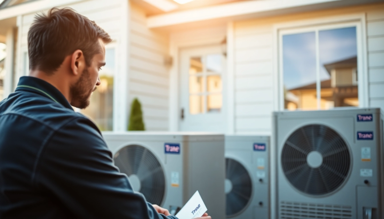 Technician servicing Trane heat pumps in a modern home, showcasing reliability and professionalism.