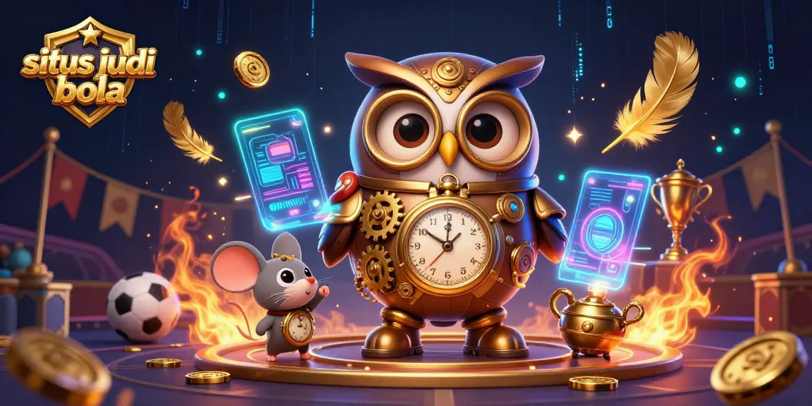 Engage in situs judi bola with a dynamic 3D scene featuring steampunk characters and sports elements.