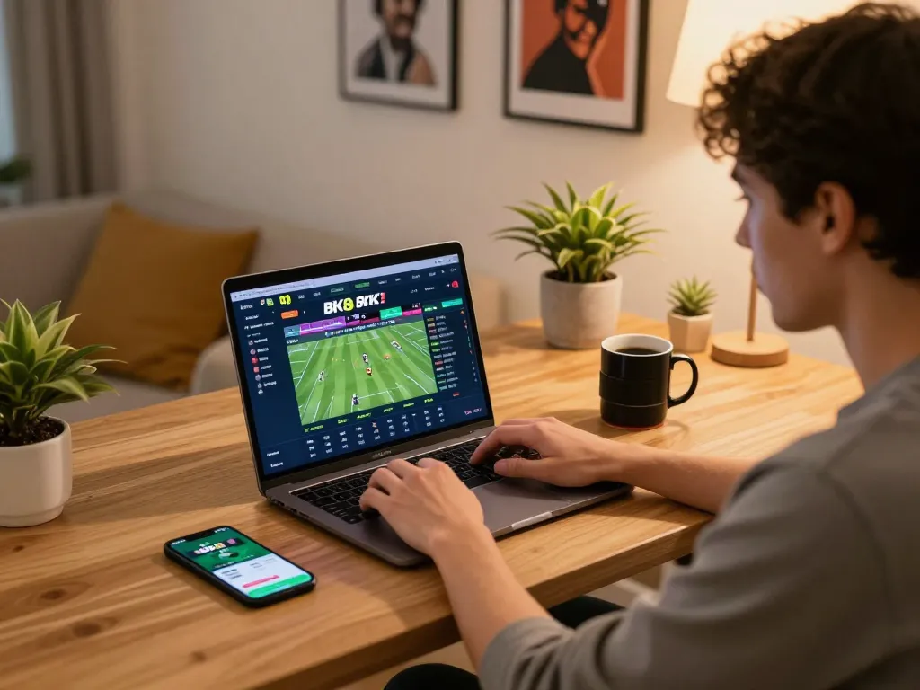Player engaging in live sports betting with BK8 app while strategizing at home.