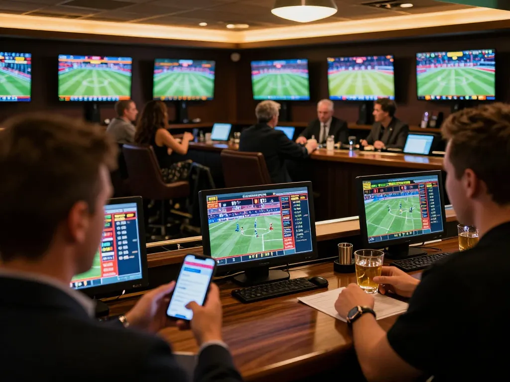 Patrons engaging in sports betting at TG88 with live odds displayed on monitors, creating an exciting environment.