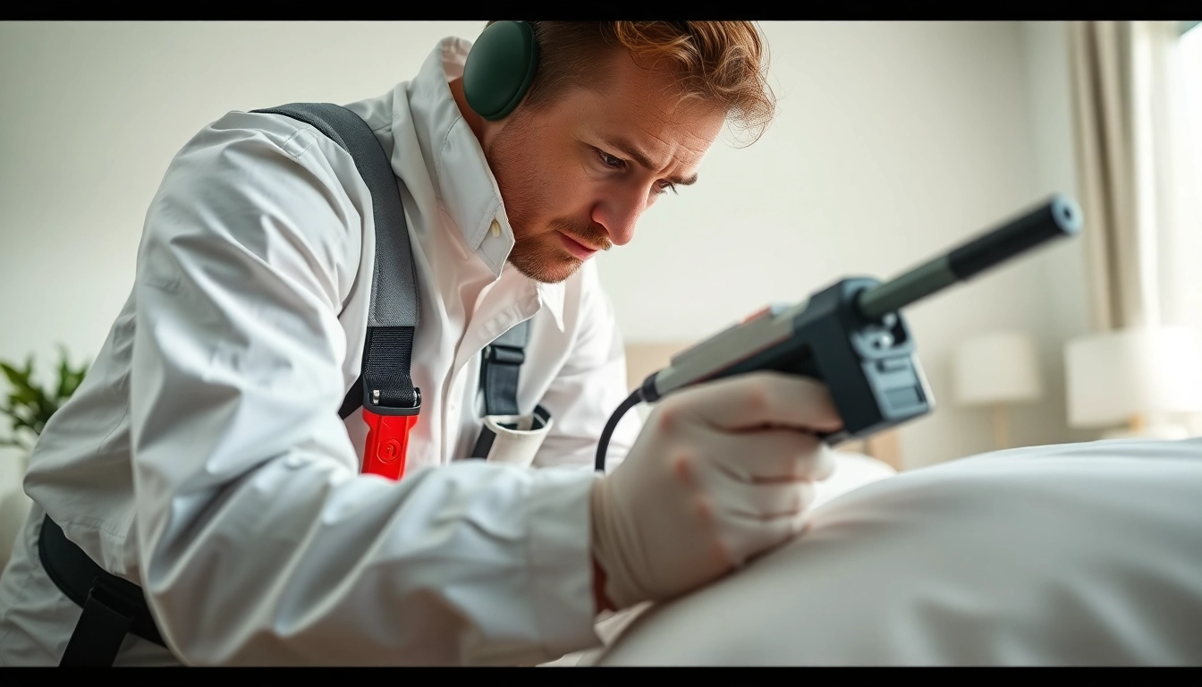 Efficient bed bug removal by a professional pest control technician in a clean room.