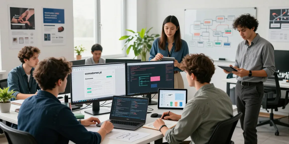 Creative team collaborating on web development for scenadomen.pl, showcasing coding and designing in a modern office.