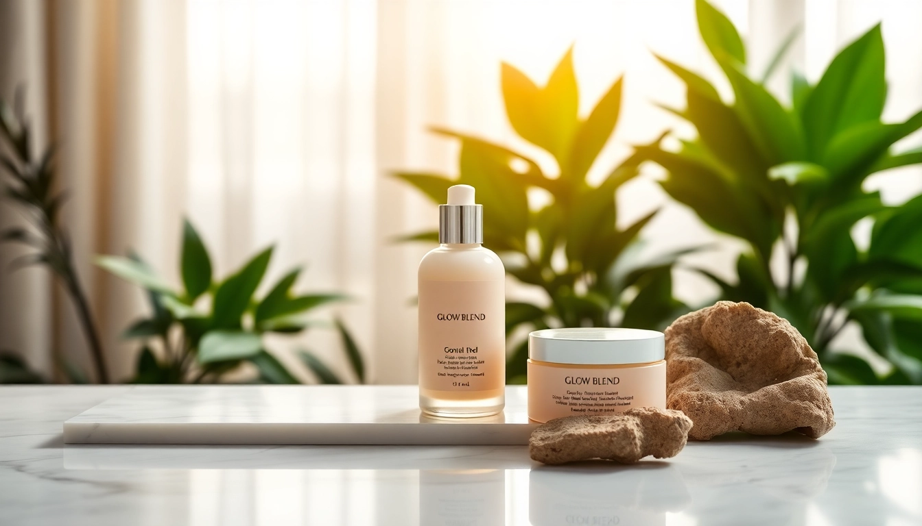 Showcase of Glow Blend skincare product with elegant design on a marble countertop.
