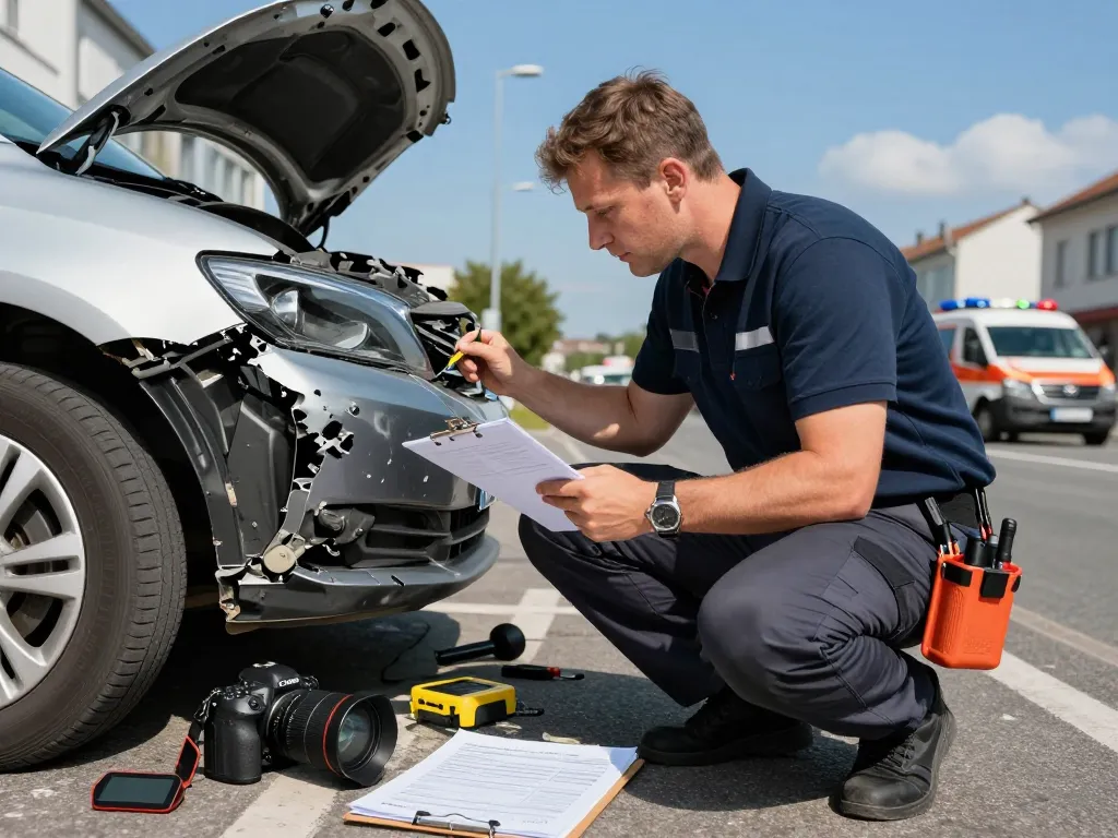 Kfz Gutachter inspiziert Fahrzeugschaden am Unfallort, zeigt professionelle Werkzeuge und umfassende Bewertung.