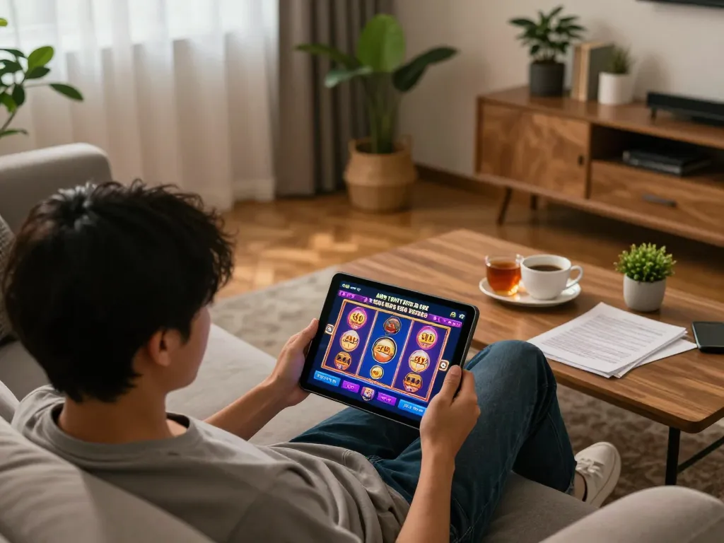 Engaging gameplay on apk slot bet 50 perak deposit 5000 involving colorful slot graphics in a cozy living room setup.