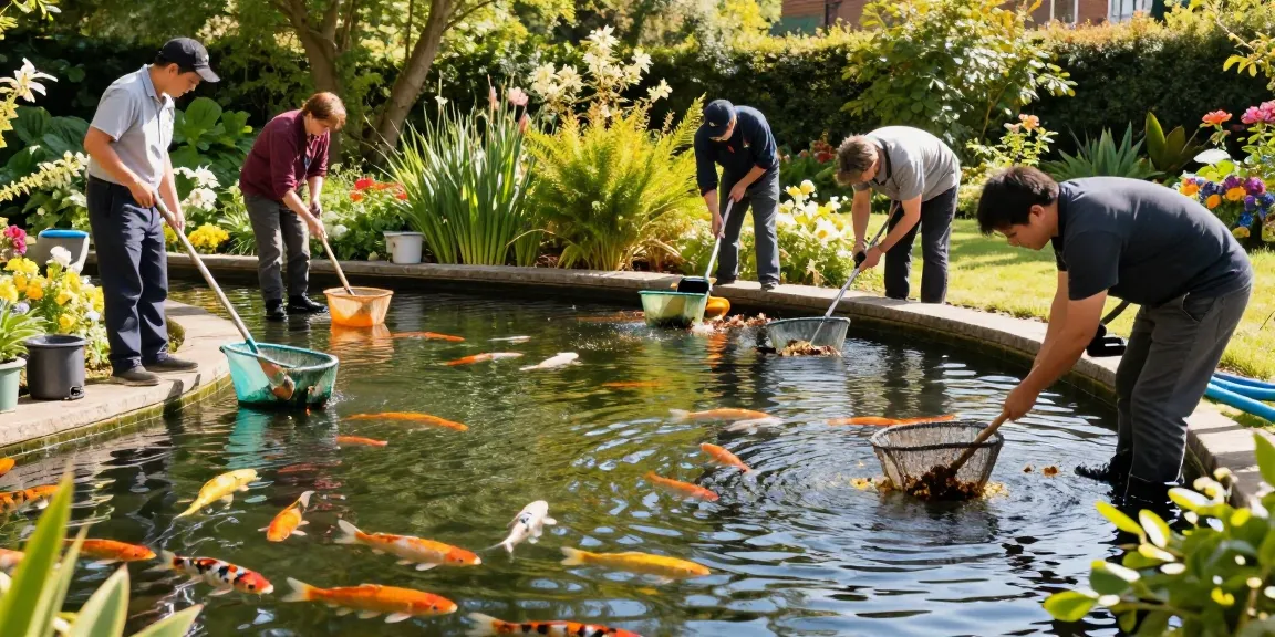 Pond Cleaning Sussex service team maintaining a beautiful koi pond under sunlight.
