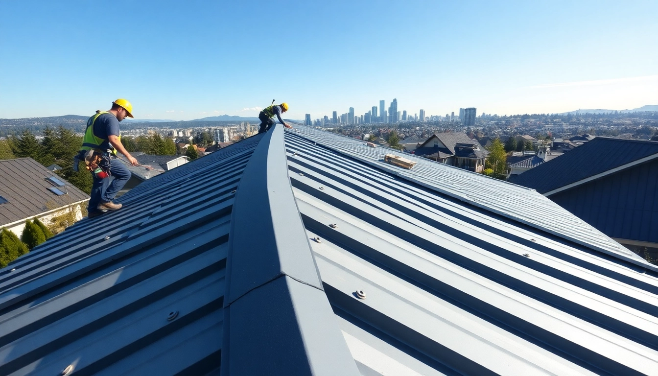 Installing metal roofing vancouver with professional roofers in a vibrant city setting.