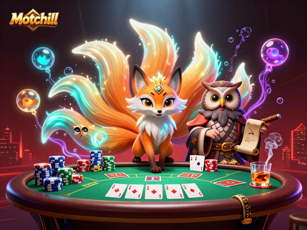 Experience Motchill's dynamic poker scene with glowing spirits, colorful chips, and rich game elements.