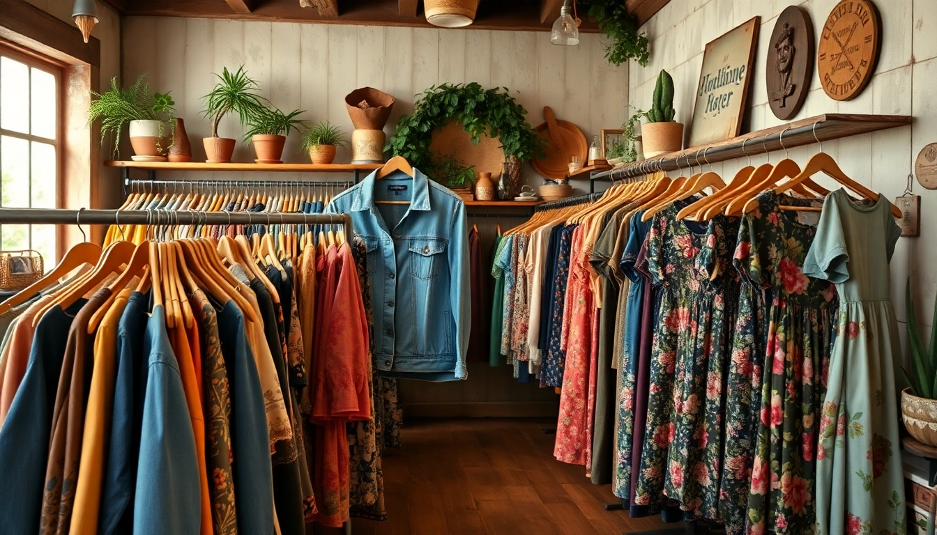 Shop unique vintage treasures at https://thrift-vintage.com/ with an inviting store display of colorful garments.