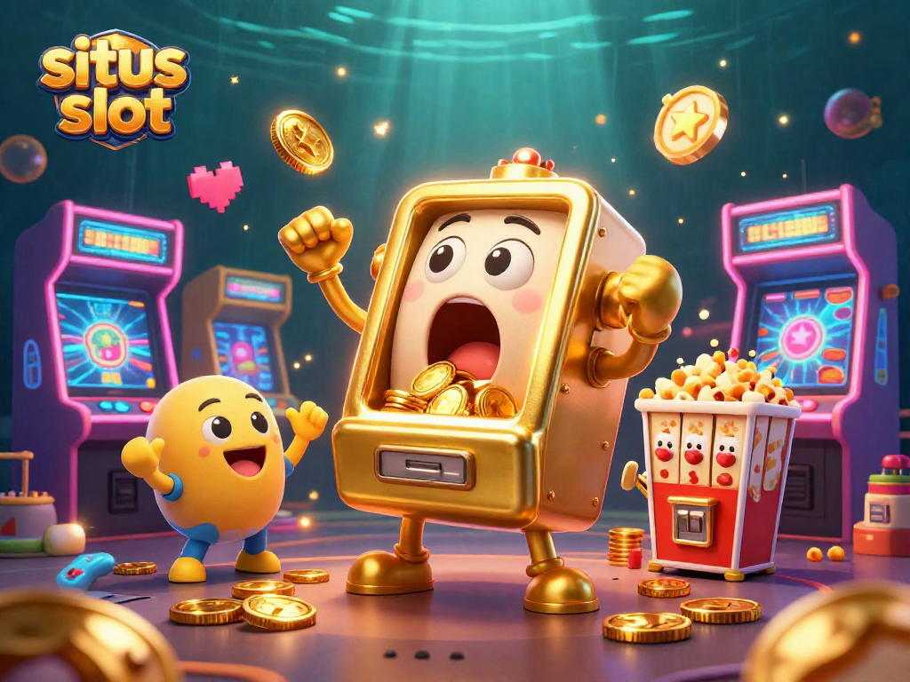 Mesin slot emas yang mengeluarkan koin merayakan kemenangan situs slot dengan mesin slot kecil dan mesin popcorn.