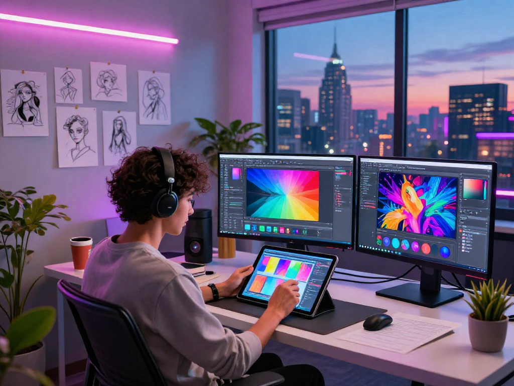 AI porn content creation in a modern digital art studio