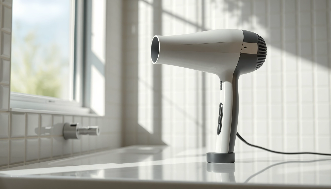 Frizzy hair dryer rests on a countertop in a bright bathroom, highlighting its design.