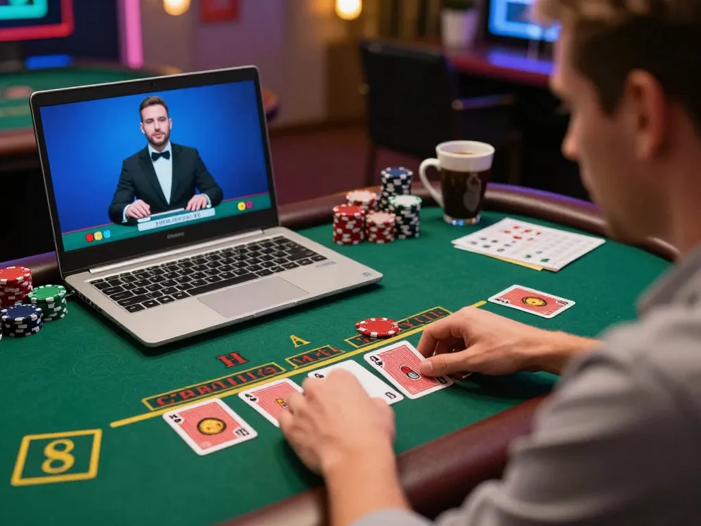 manclub player engaging in thrilling blackjack game on laptop with focused strategy.