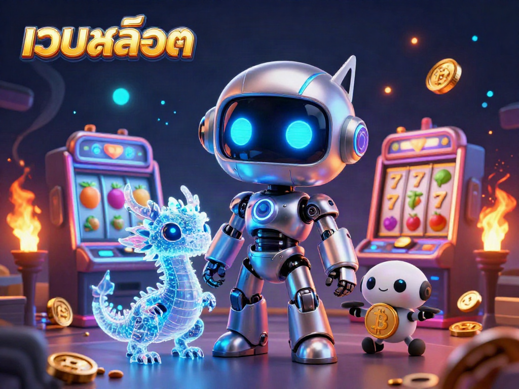 Play exciting เว็บสล็อต with a detailed scene featuring a cyberpunk robot and holographic dragon amidst vibrant slot machines.