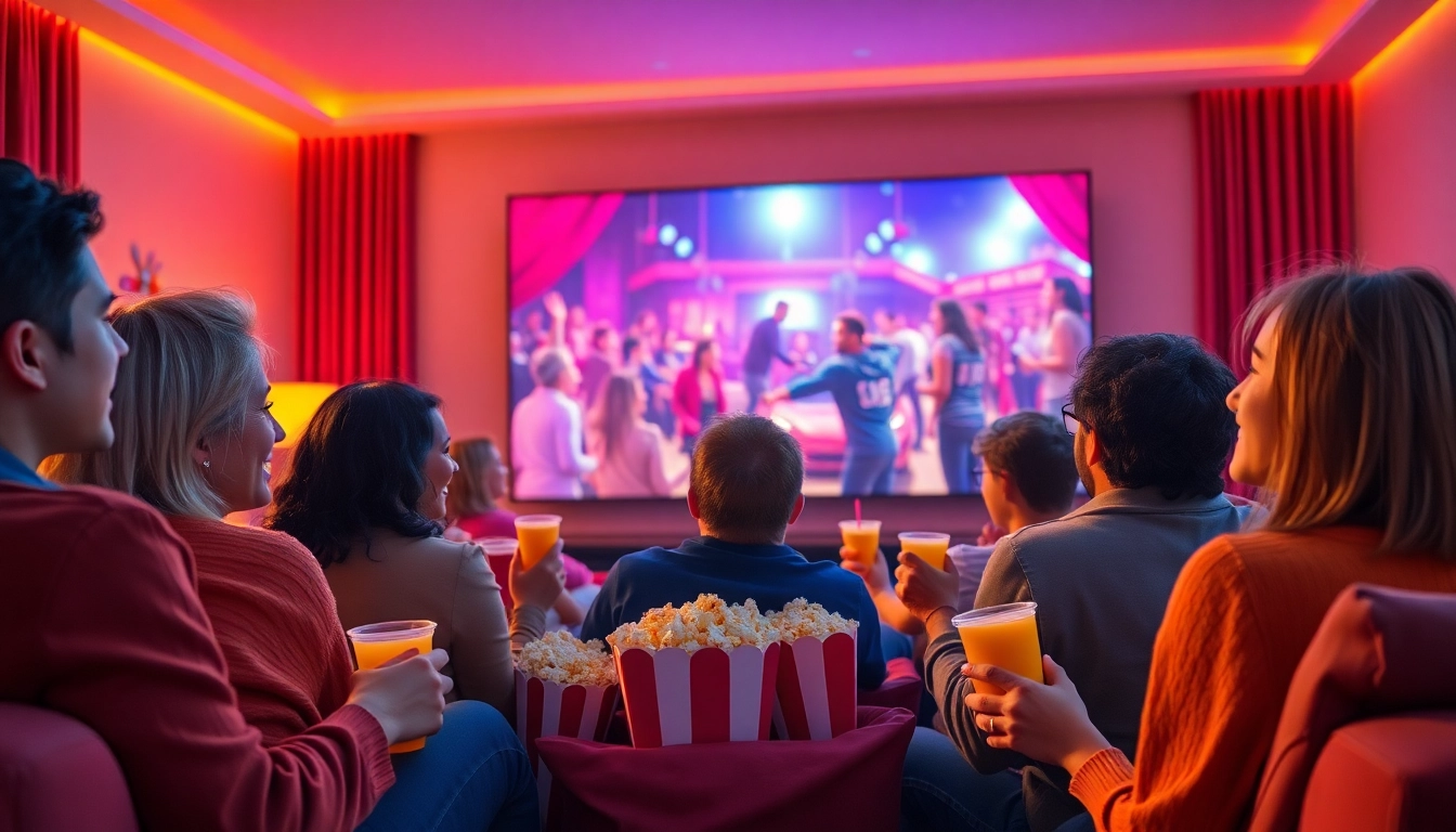Enjoy ดูหนังออนไลน์ with friends in a cozy cinema-like setting full of excitement.