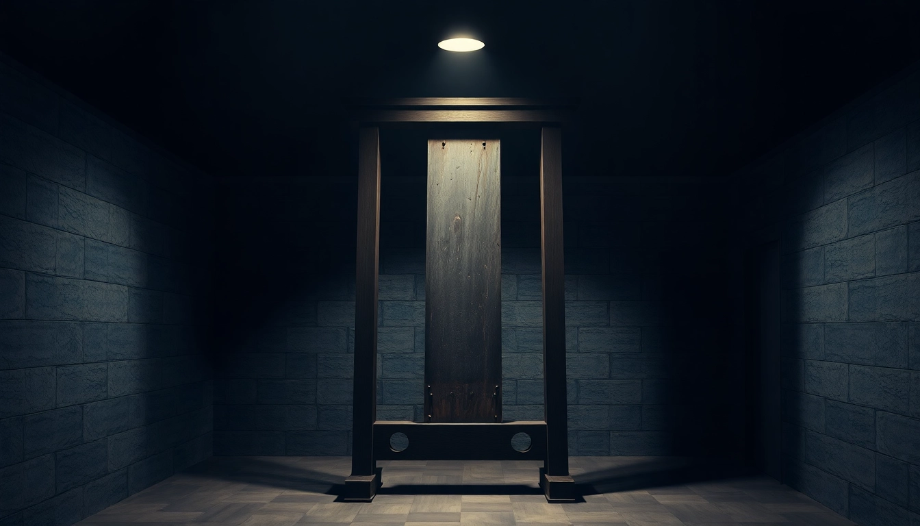 Explore the guillotine origin phrase and its historical significance through a striking image of a guillotine.