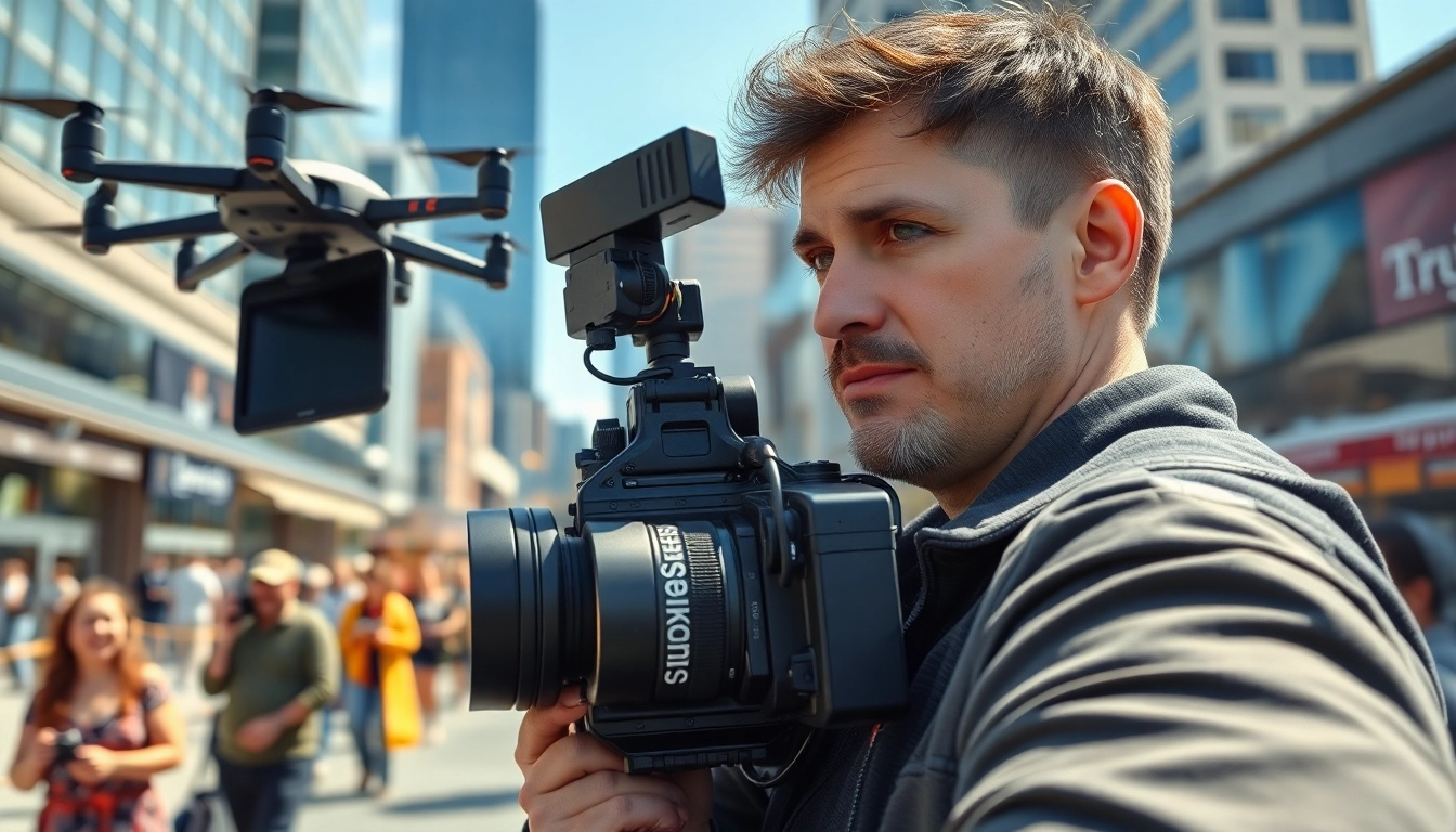 Edmonton videographer filming a lively event in the city amidst dynamic surroundings.