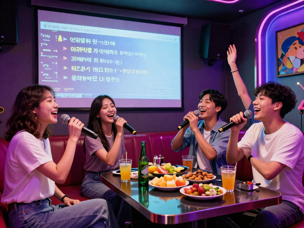 강남 타이밍에서 친구들과 즐기는 화려한 노래방 분위기