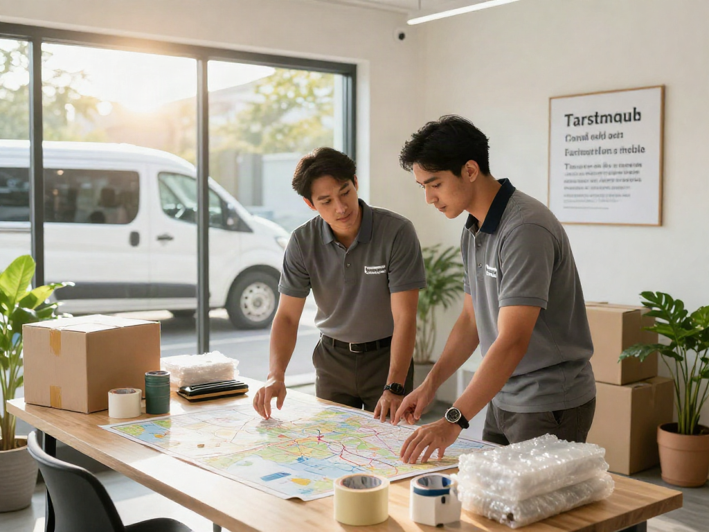 Ashville moving company team collaborating on moving logistics in a bright office.